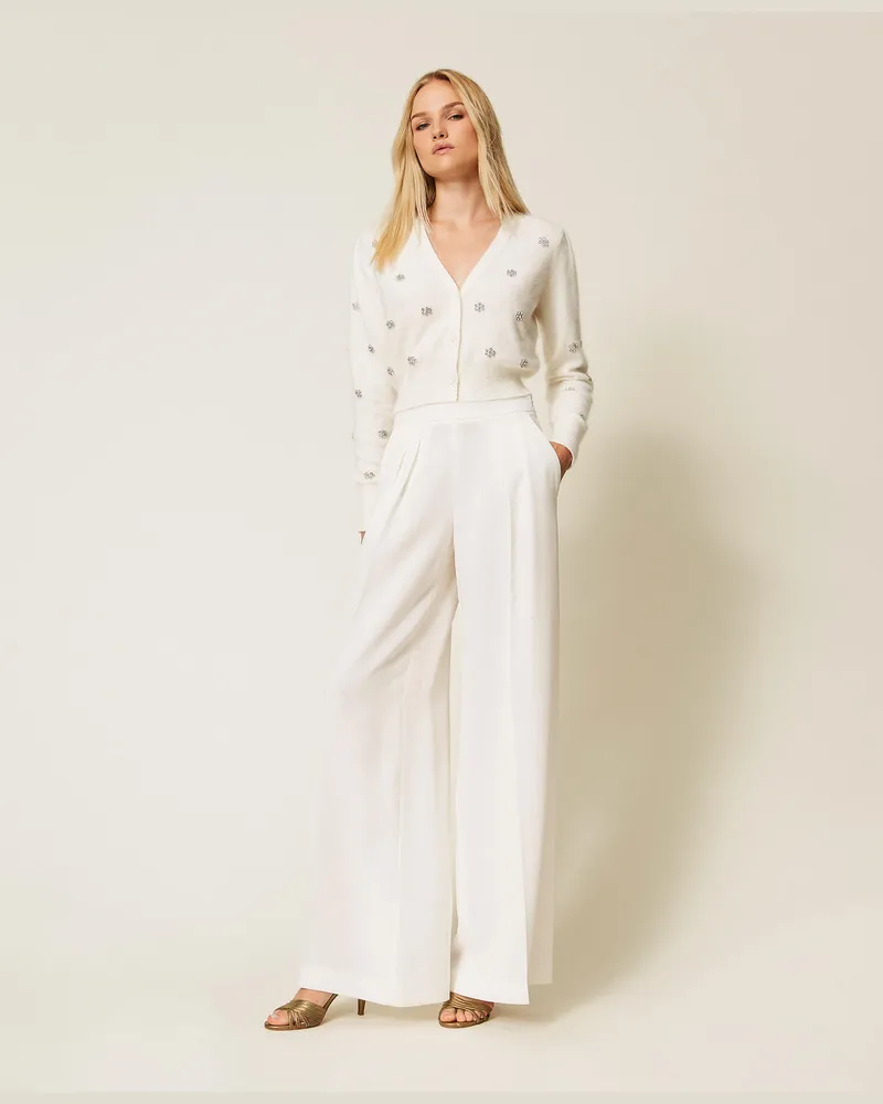 Twin-Set Hosen - Wide-Leg-Hose aus Krepp, Weiß Schnee, Größe Weiß