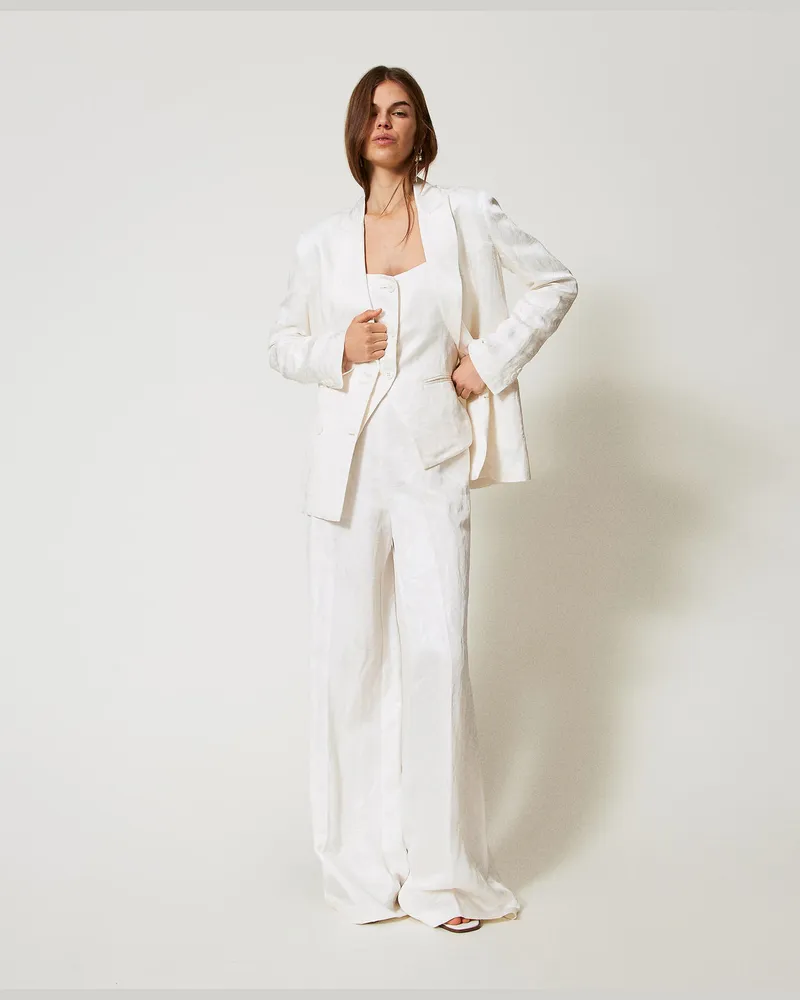 Twin-Set Hosen - Palazzohose aus Satinjacquard, Weiß Schnee, Größe Weiß