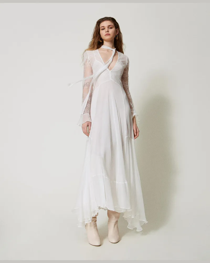 Twin-Set Kleider - Maxikleid „Lilie" aus Spitze und Seide, Weiß Schnee, Größe Weiß