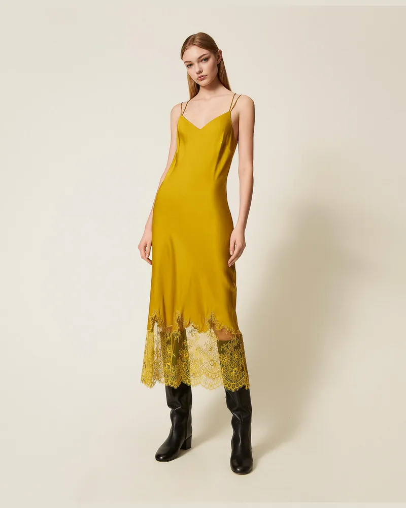 Twin-Set Kleider - Midikleid aus Satin und Spitze, Senfgelb, Größe Senfgelb