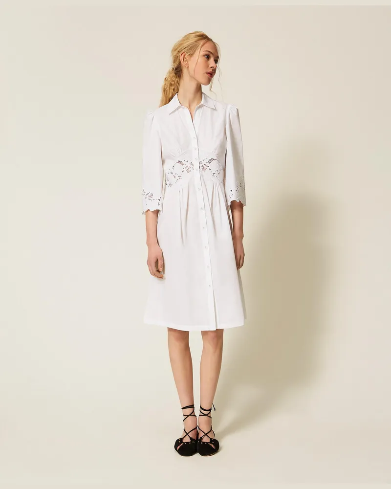 Twin-Set Kleider - Midikleid aus Popeline mit Lochstickerei, Weiß, Baumwolle, Größe Weiß
