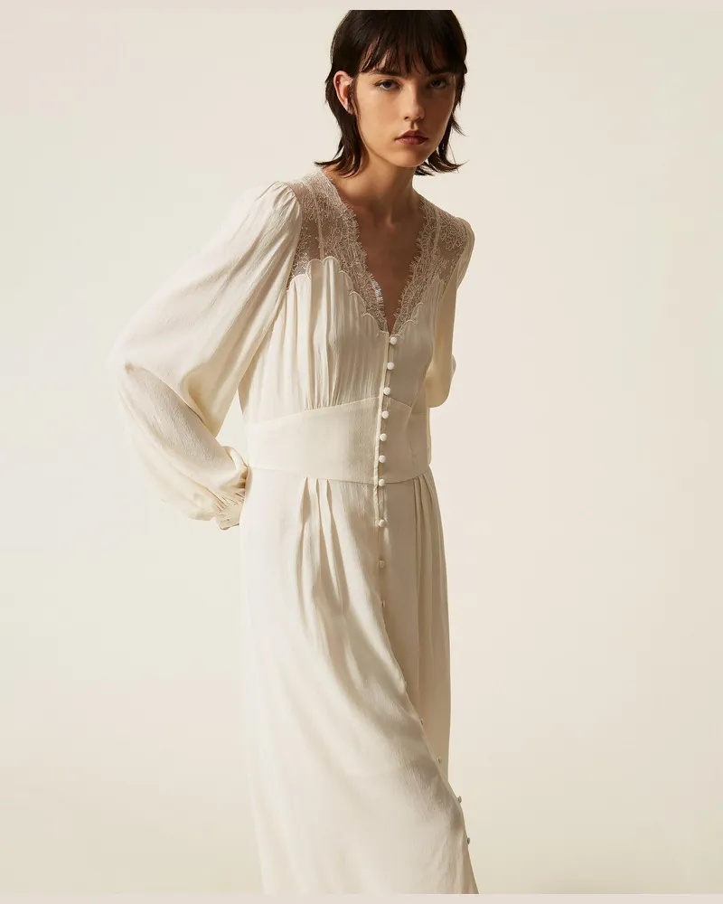 Twin-Set Langes Kleid aus Jacquard mit Spitze, Damen, Perlmutt Perlmutt