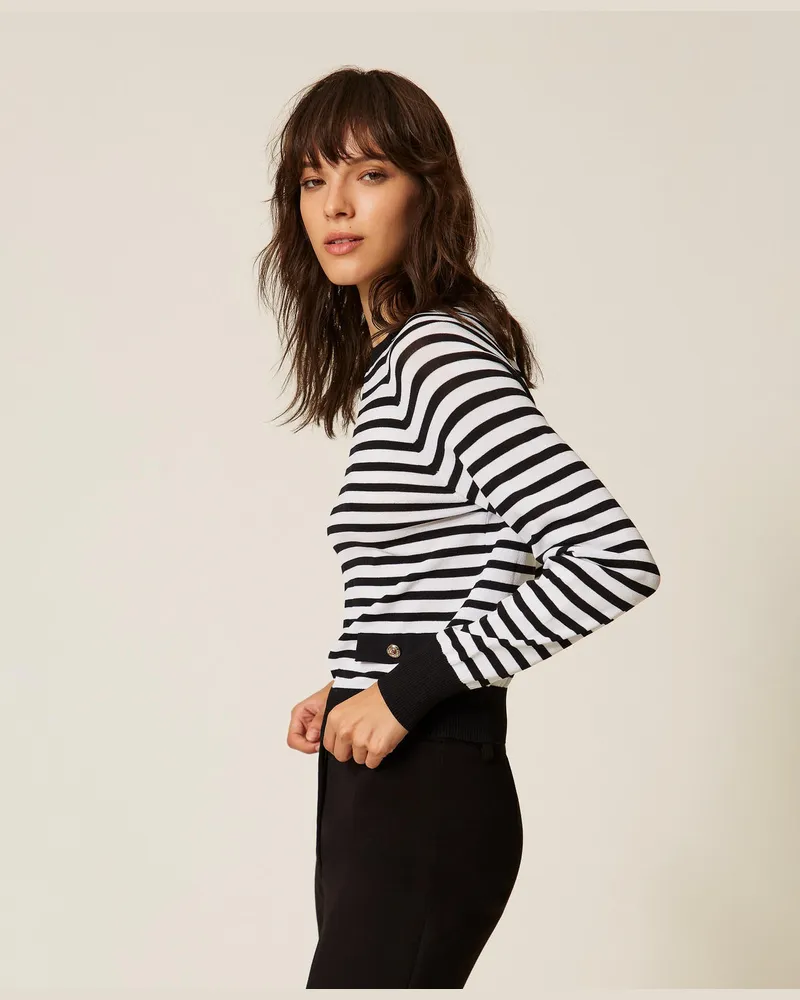 Actitude by Twinset Rundhalspullover mit Streifen, Streifen zweifarbig Schwarz / Off White, Gestreift, Größe Streifen