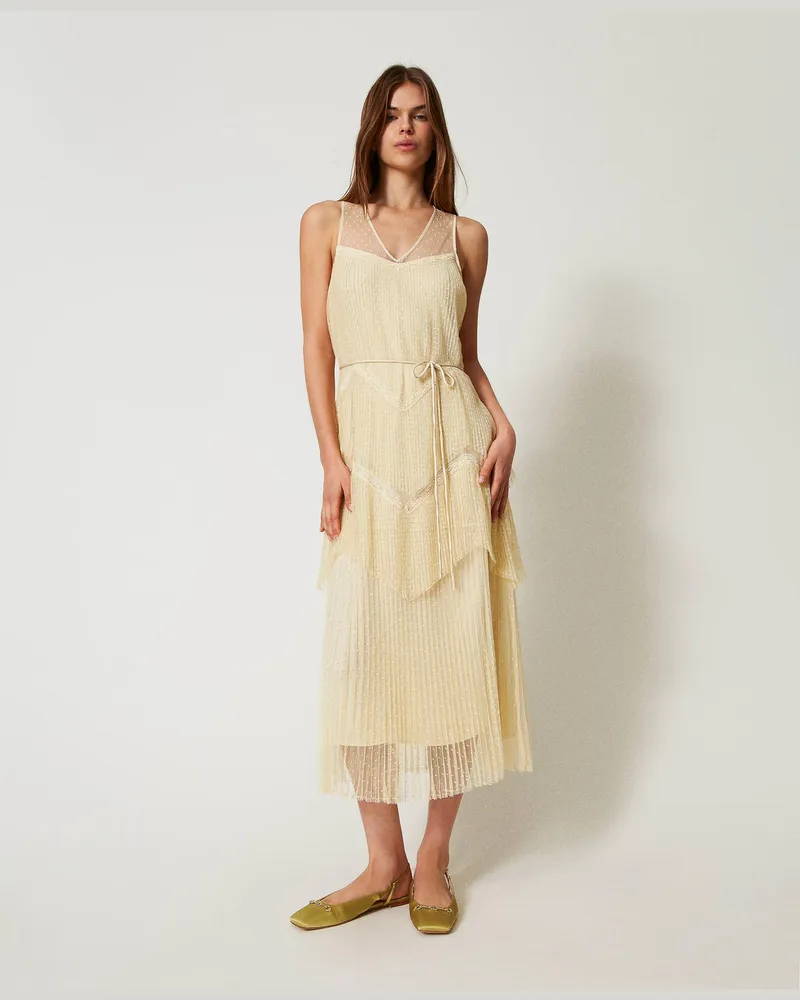 Twin-Set Kleider - Maxikleid aus Tüll mit Plisseevolants, Vanilla, Größe Vanilla