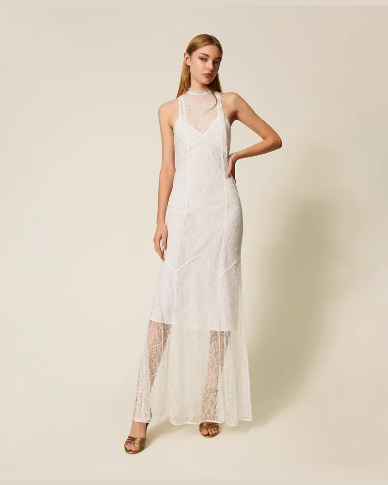 Twin-Set Kleider - Langes Neckholder-Kleid aus Spitze, Weiß Schnee, Größe Weiß