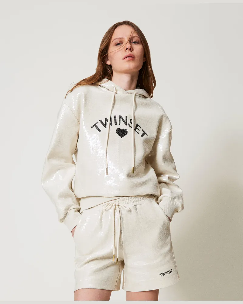 Twin-Set Sweatshirts und -jacken - Sweatshirt mit Alloverpailletten und Kapuze, Beige, Größe Beige