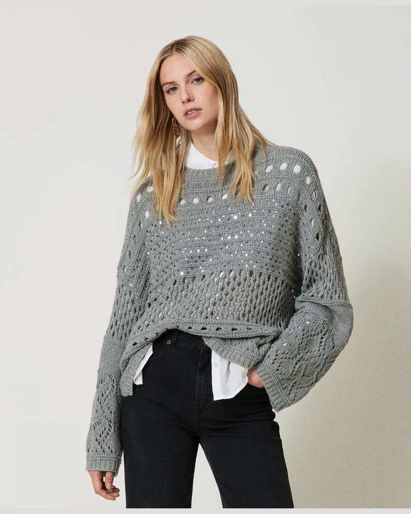 Twin-Set Pullover aus Wollmischung mit Pailletten, Warmes Grau-Melange, Paillettes, Größe: XXL 