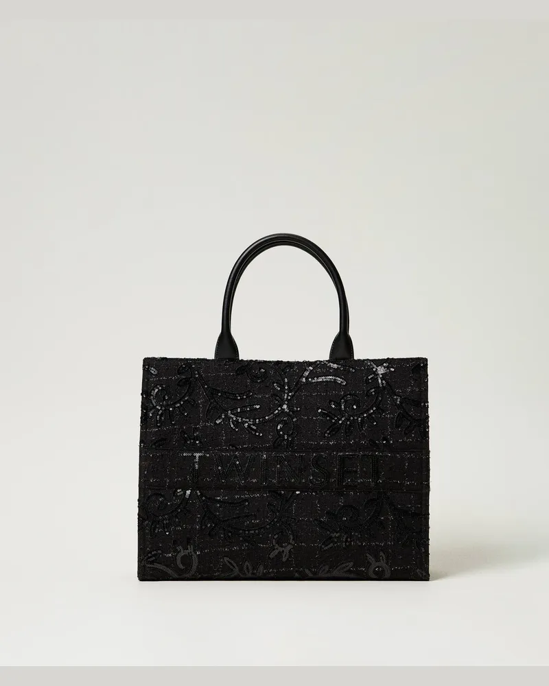 Twin-Set Taschen - Shopper „Victoria" mit Stickereien und Logo, Schwarz, Paillettes, Einheitsgröße 