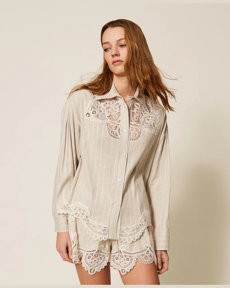 Twin-Set Hemden - Hemdbluse aus Jacquard-Leinenmischung mit Spitze, Streifen Fog/Vanilleweiß, Größe Streifen