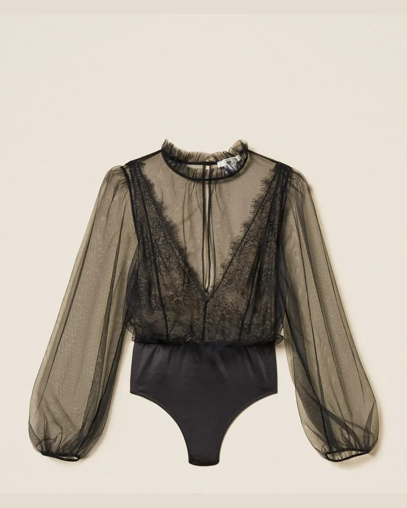 Twin-Set Blusen - Body aus Tüll und Spitze, Schwarz, Größe Schwarz