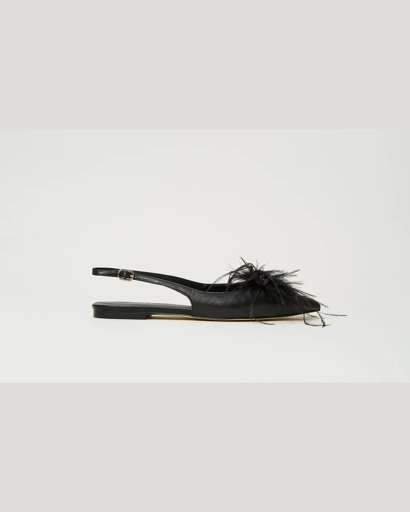 Twin-Set Schuhe - Slingback-Ballerina aus Leder mit Federn, Schwarz, Größe Schwarz