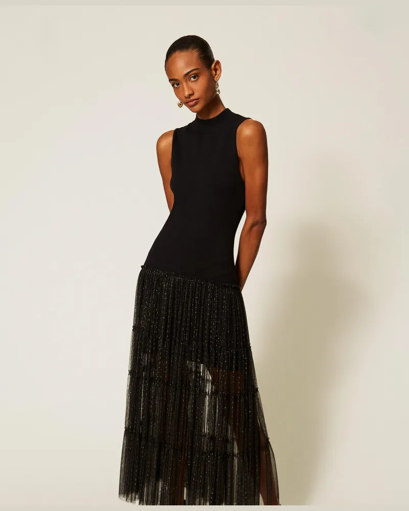Twin-Set Langes ärmelloses Strickkleid mit Plumetis-Tüll, Damen, Schwarz Schwarz