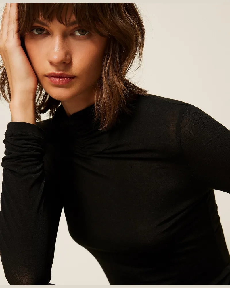 Twin-Set Oberteil mit hohem Kragen und Faltenwurf, Damen, Schwarz Schwarz