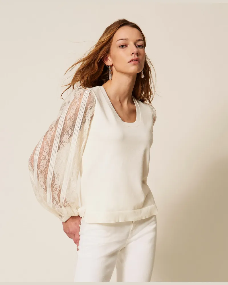 Twin-Set Pullover mit Ärmeln aus Spitze, Perlmutt, Größe Perlmutt