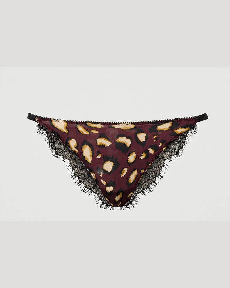 Twin-Set Unterwäsche - Brazilian-Slip aus Satin mit Animaldessin und Spitze, Zweifarbig Print Leo „Ruby Wine"-Violett / Schwarz, Größe: II 