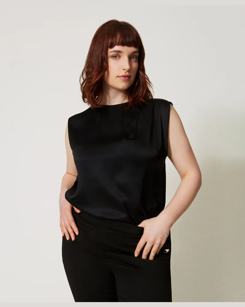 Twin-Set Tops - Top aus glänzendem Satin mit Falten, Schwarz, Größe: 48 