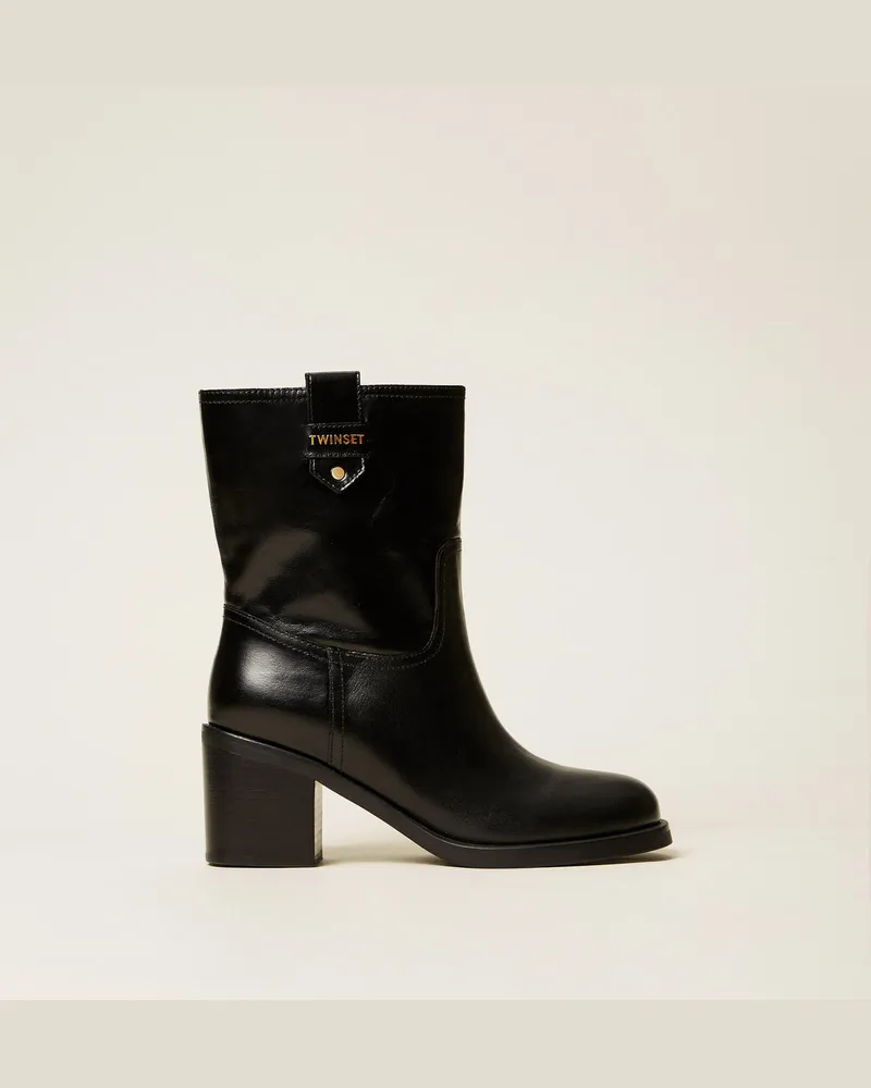 Twin-Set Schuhe - Stiefelette aus Leder mit Logo, Schwarz, Größe Schwarz