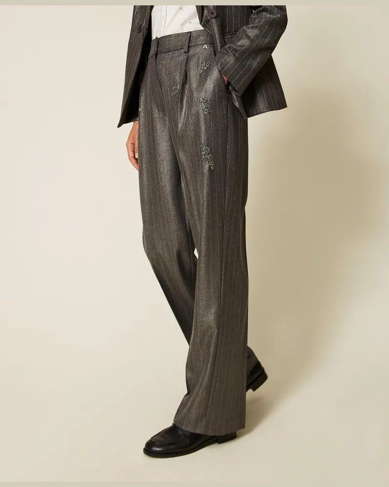 Twin-Set Palazzohose mit Nadelstreifen und Stickerei, Damen, Anthrazit Beschichtet Anthrazit