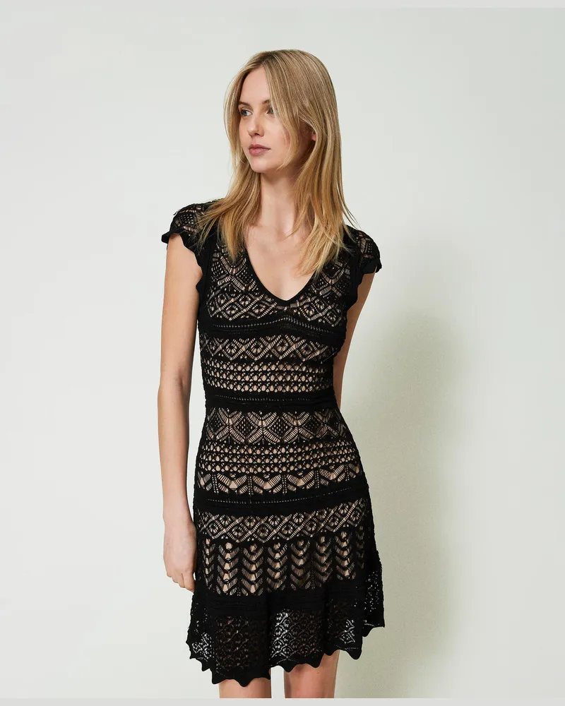 Twin-Set Kleider - Kurzes Strickkleid in Spitzenoptik, Schwarz, Größe Schwarz