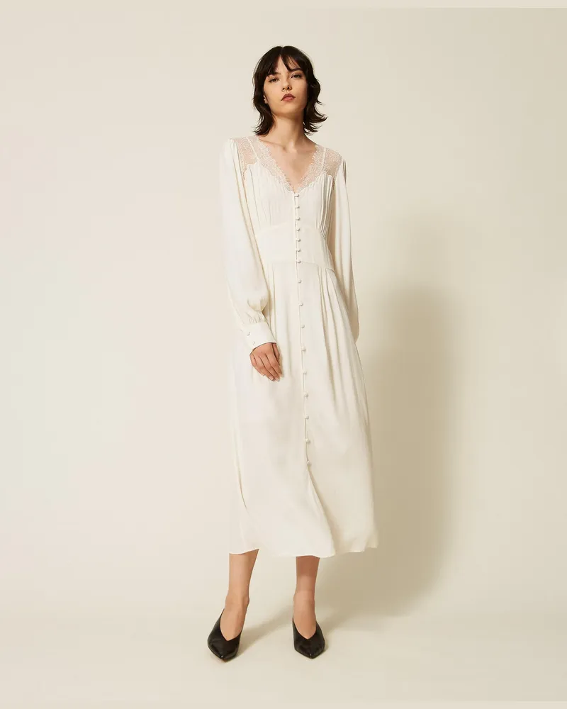 Twin-Set Langes Kleid aus Jacquard mit Spitze Perlmutt