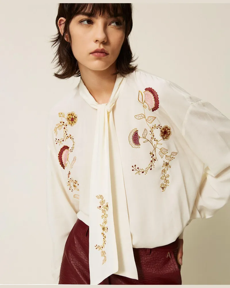 Twin-Set Bluse aus Crêpe de Chine mit Stickerei, Damen, Weiß Schnee Weiß