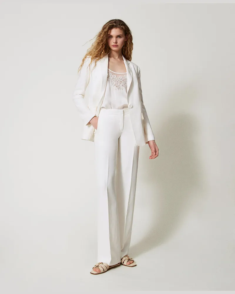 Twin-Set Hosen - Gerade Hose mit Taschen, Sugar Weiß, Leinen, Größe Sugar