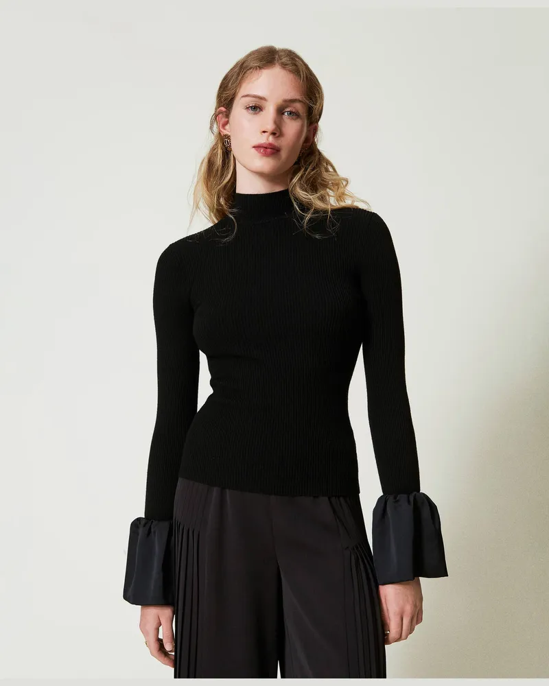 Twin-Set Figurbetonter Pullover mit Satinvolants, Schwarz, Größe: XXL 