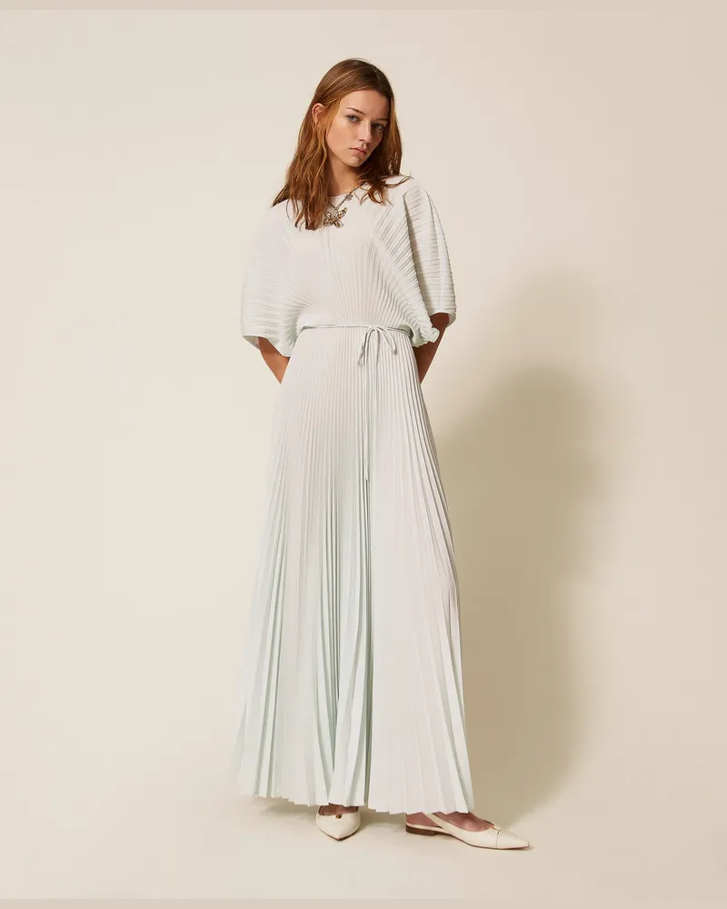 Twin-Set Kleider - Langes Kleid aus recyceltem Crêpe de Chine, „Aqua"-Hellblau, Plissee, Größe „aqua“-hellblau