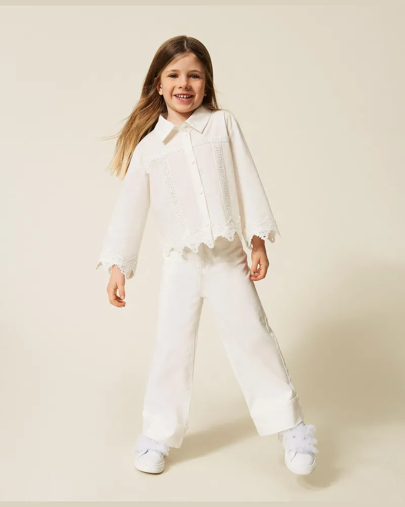 Twin-Set Hosen - Weite Babyhose aus Bull-Denim, Mattweiß, Baumwolle, Größe Mattweiß