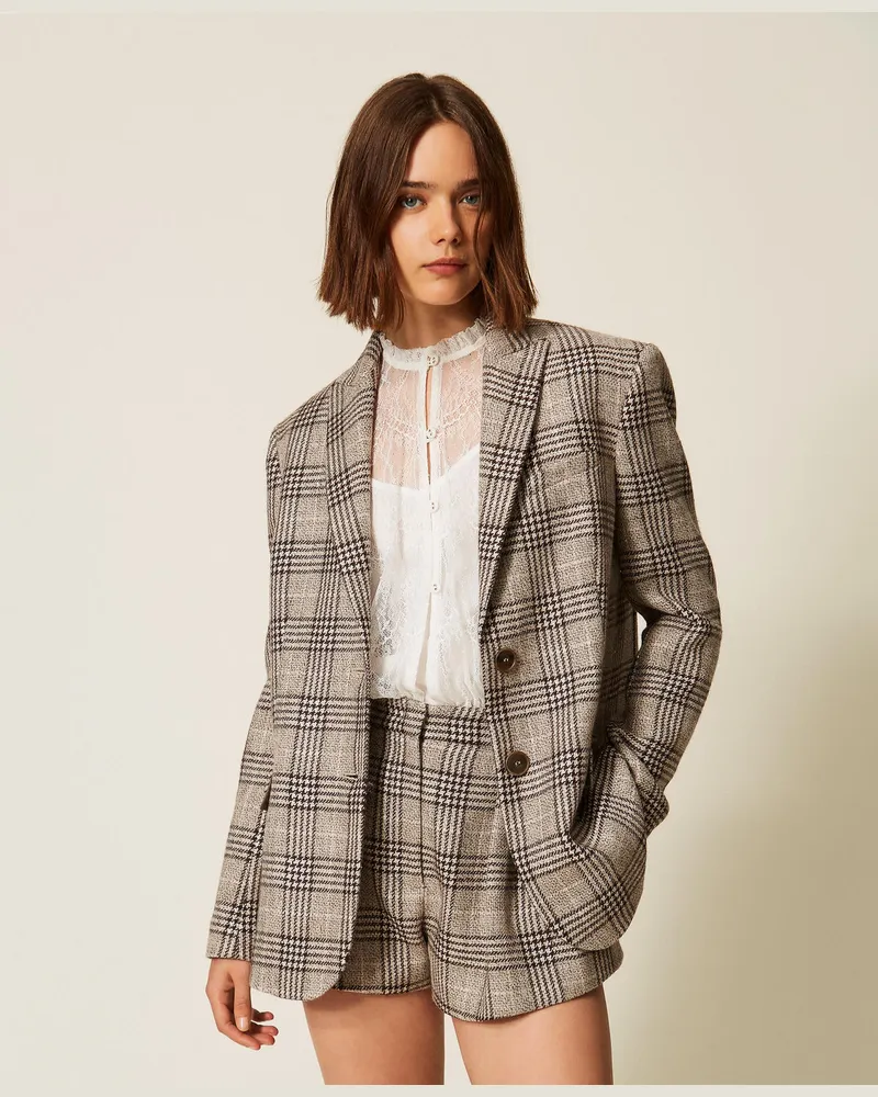 Twin-Set Blazer aus kariertem Tuch mit Pailletten Coffee