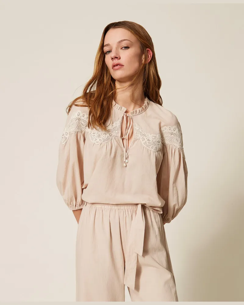 Twin-Set Blusen - Bluse aus Musselin mit Makramee, Zweifarbig Fog/Vanilleweiß, Spitze, Größe Zweifarbig