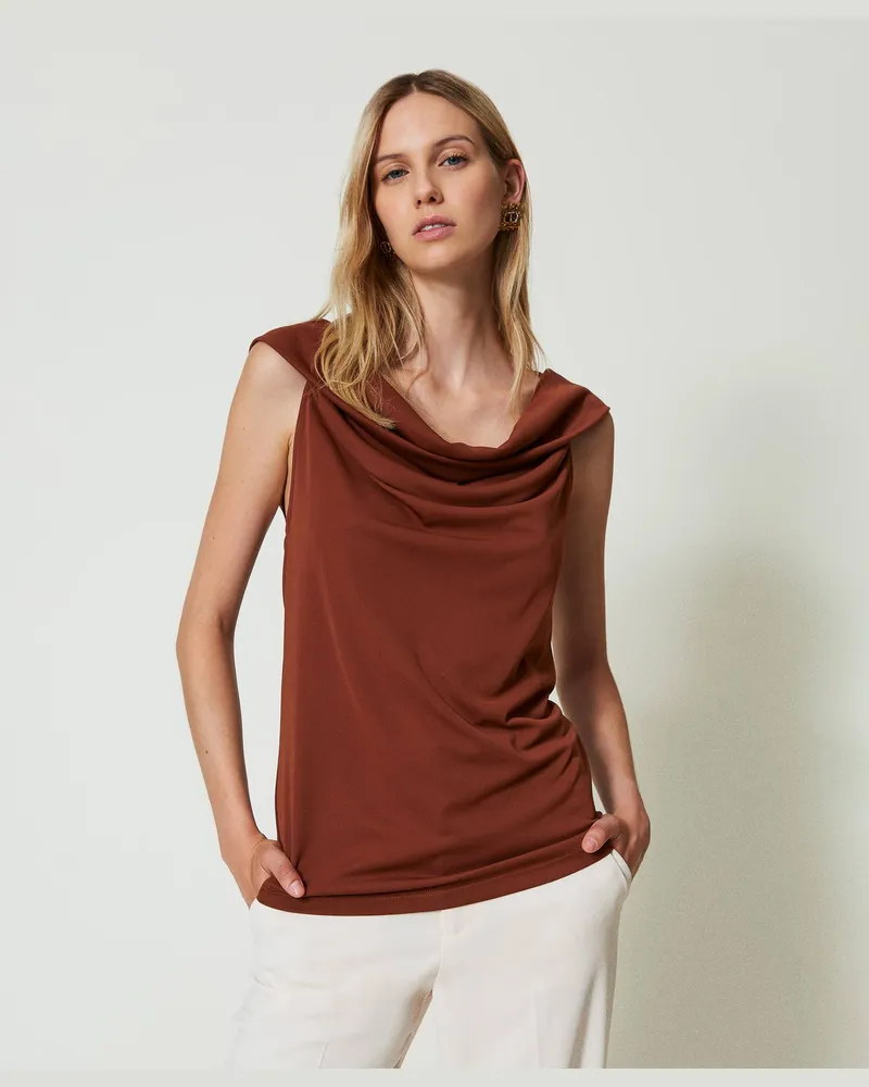 Twin-Set Tops - Top mit Wasserfallausschnitt, „Terra Senese"-Braun, Jersey, Größe: 50 