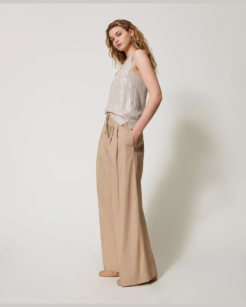 Twin-Set Hosen - Palazzohose aus Popeline, "Rope"-Beige, Baumwolle, Größe Rope-beige