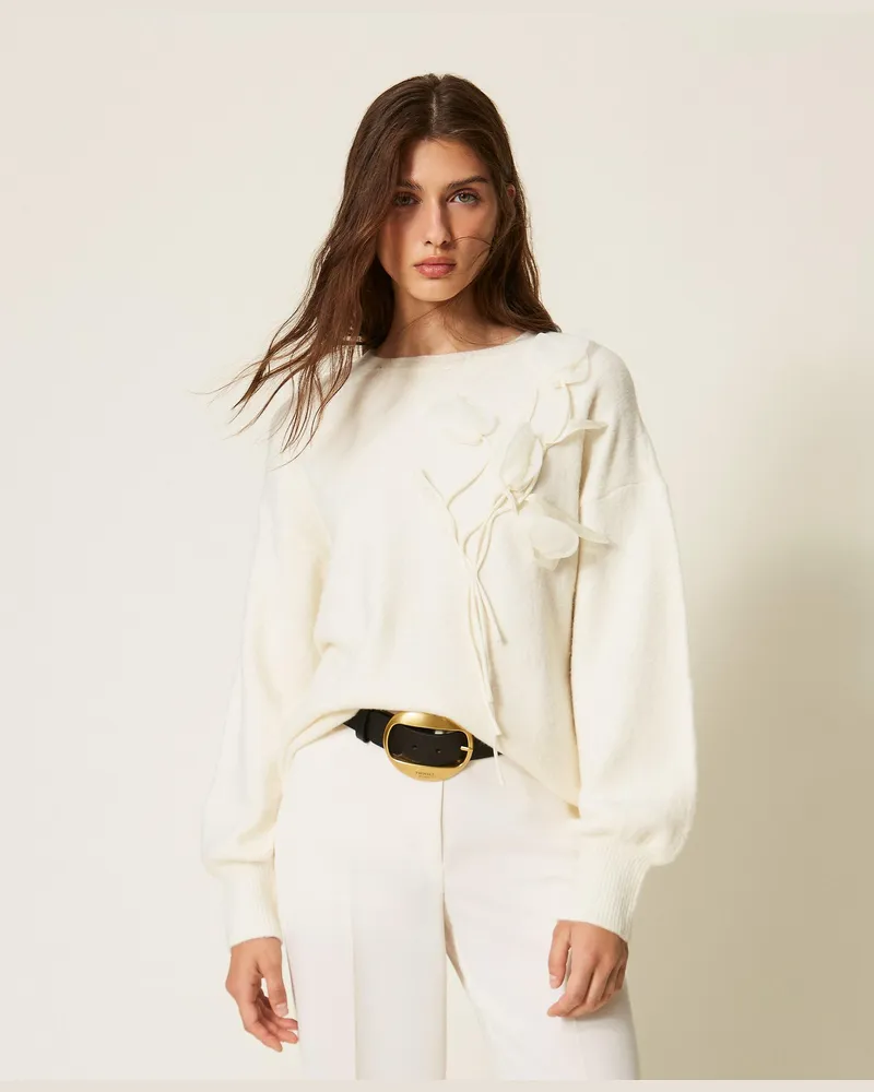Twin-Set Pullover mit Blumenranken aus Organza, Damen, Weiß Schnee Weiß