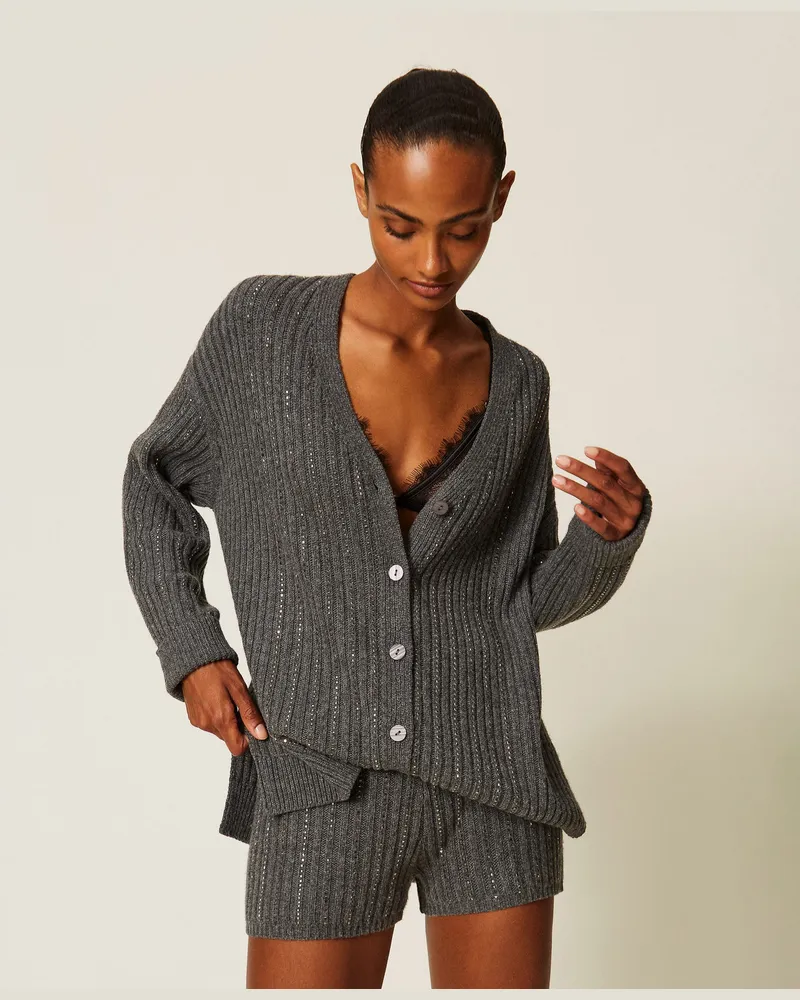 Twin-Set Cardigan aus Wollmischung mit Strass Mittelgrau-melange