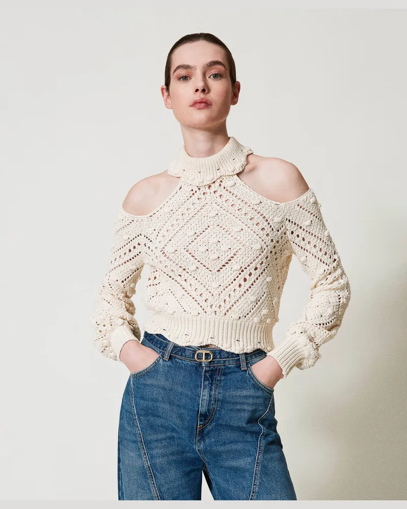 Twin-Set Cropped-Stehkragenpullover mit Lochmuster, Light Natural, Baumwolle, Größe: XXL 