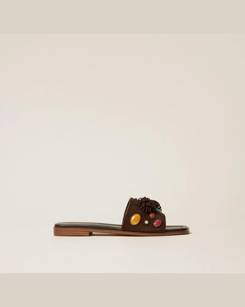 Twin-Set Schuhe - Slide-Sandale aus Veloursleder mit Schmucksteinen, Coffee Liqueur, Größe Coffee