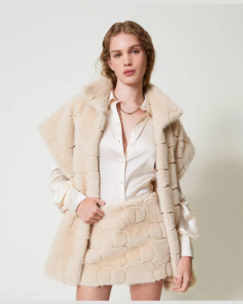 Twin-Set Röcke - Minirock aus Pelzimitat mit Oval Ts, „White Cream", Größe: 46 