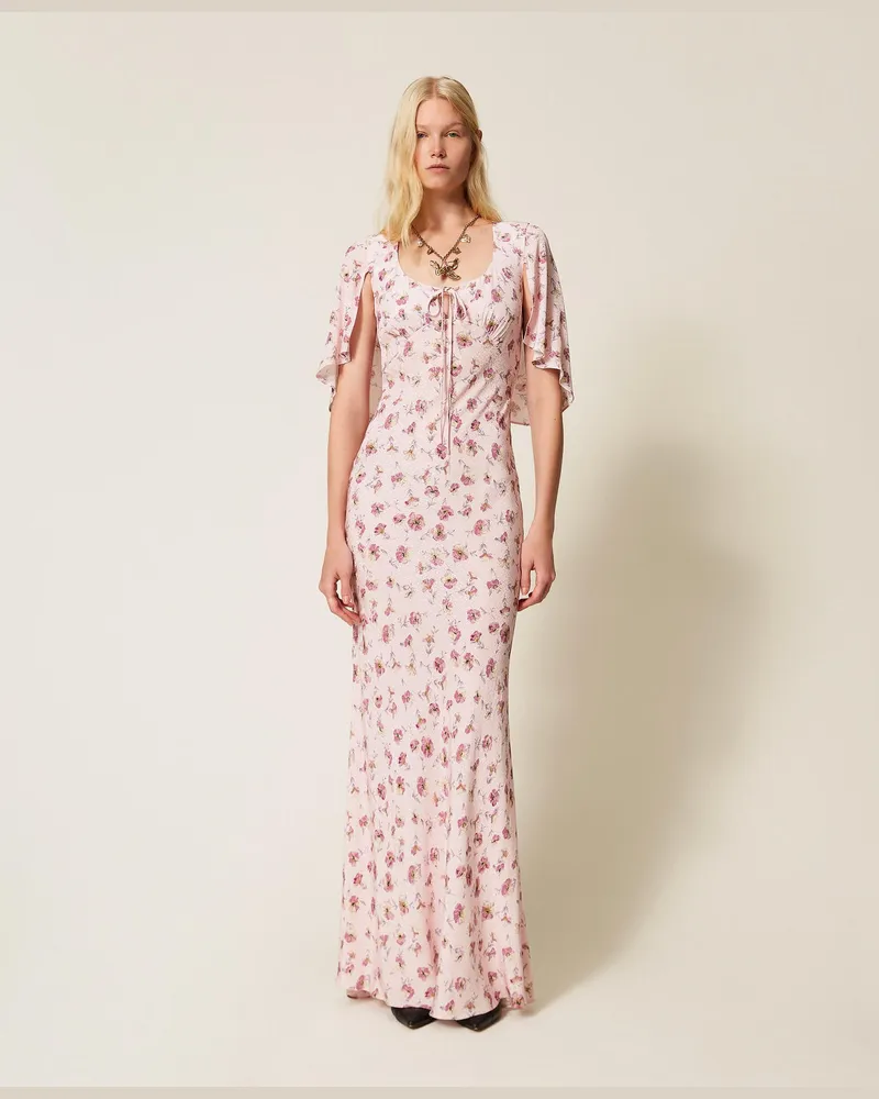 Twin-Set Kleider - Langes Kleid mit floralem Print, Blumen-Print Peach/Rose, Mit Blumen, Größe Blumen-print