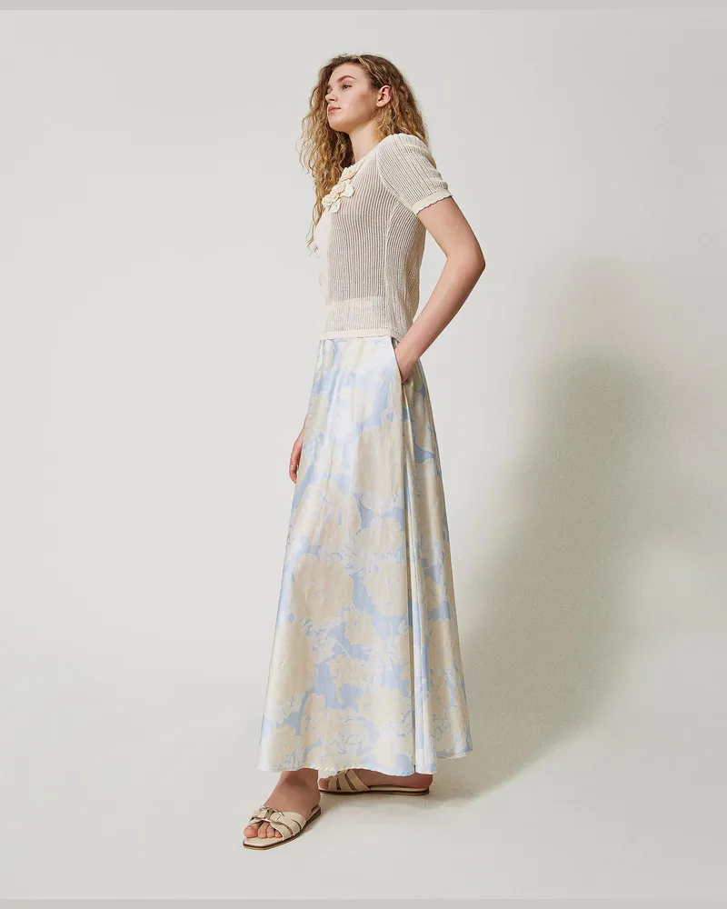 Twin-Set Röcke - Maxirock mit Rosenprint, "Blue Tear Roses"-Azur, Mit Blumen, Größe: XXS 