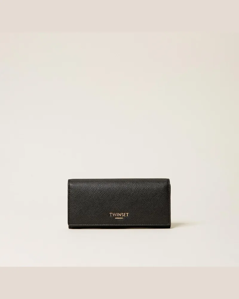 Twin-Set Geldbörse mit Patte und Logo, Damen, Zweifarbig Schwarz / "Cherry Wood"-Braun Zweifarbig