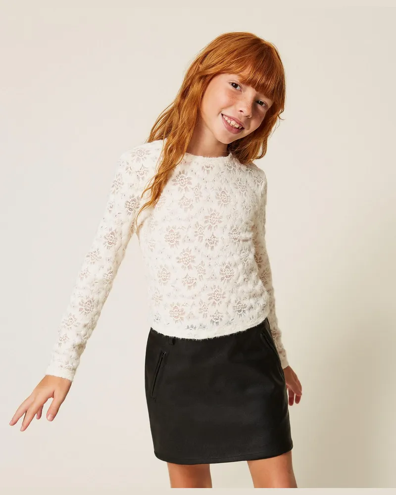 Twin-Set T-Shirt mit Spitze, Damen, Weiß Schnee Weiß