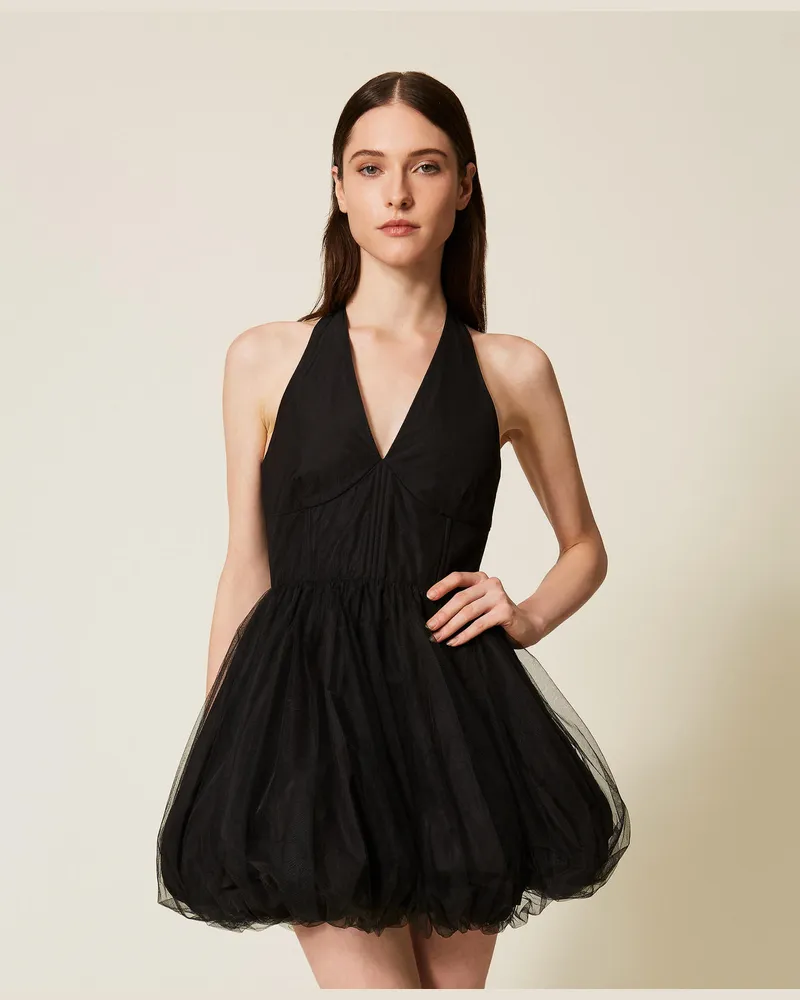 Twin-Set Kleider - Kurzes Kleid aus Taft und Tüll, Schwarz, Größe Schwarz