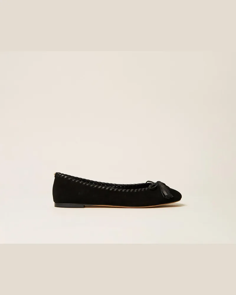 Twin-Set Ballerina aus Veloursleder mit Schleife Schwarz