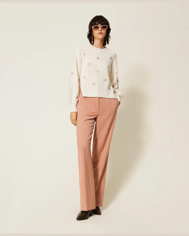 Twin-Set Pullover im Rippenmuster aus Wollmischung mit floralem Stickmotiv, Damen, Perlmutt Perlmutt