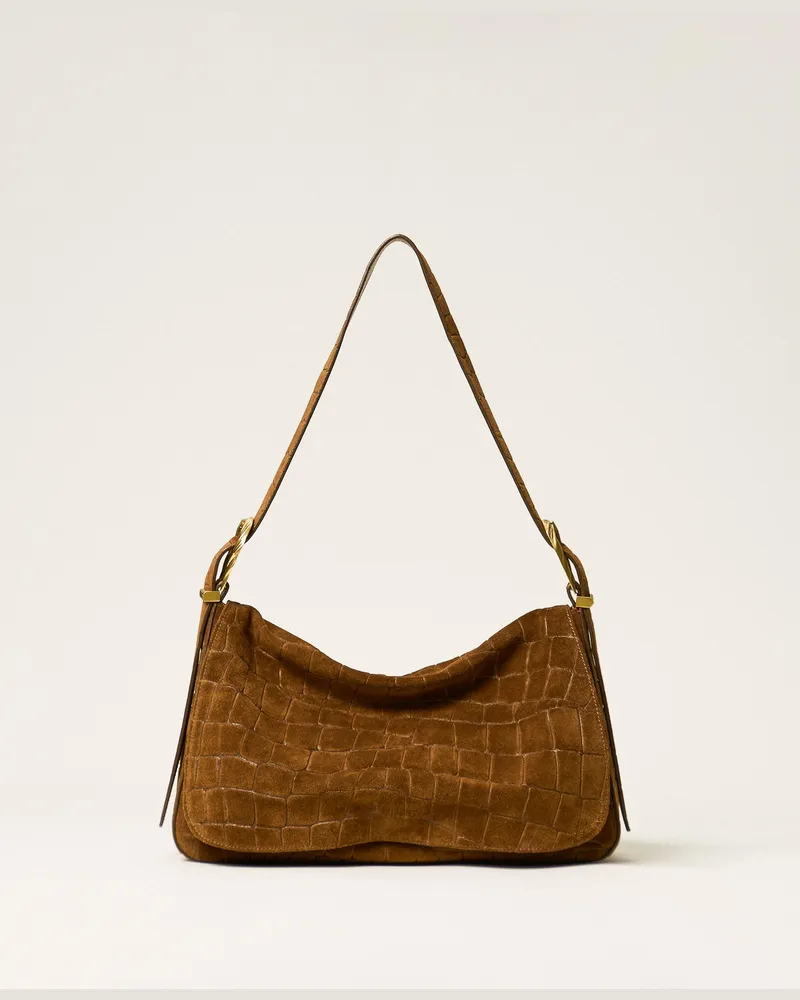 Twin-Set Liliane Tasche aus Veloursleder mit Krokoprägung, Damen, Brandy Brown Brandy