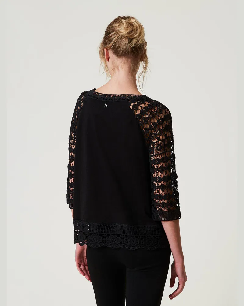 Actitude by Twinset Blusen - Bluse mit Ärmeln aus Makrameespitze, Schwarz, Größe Schwarz