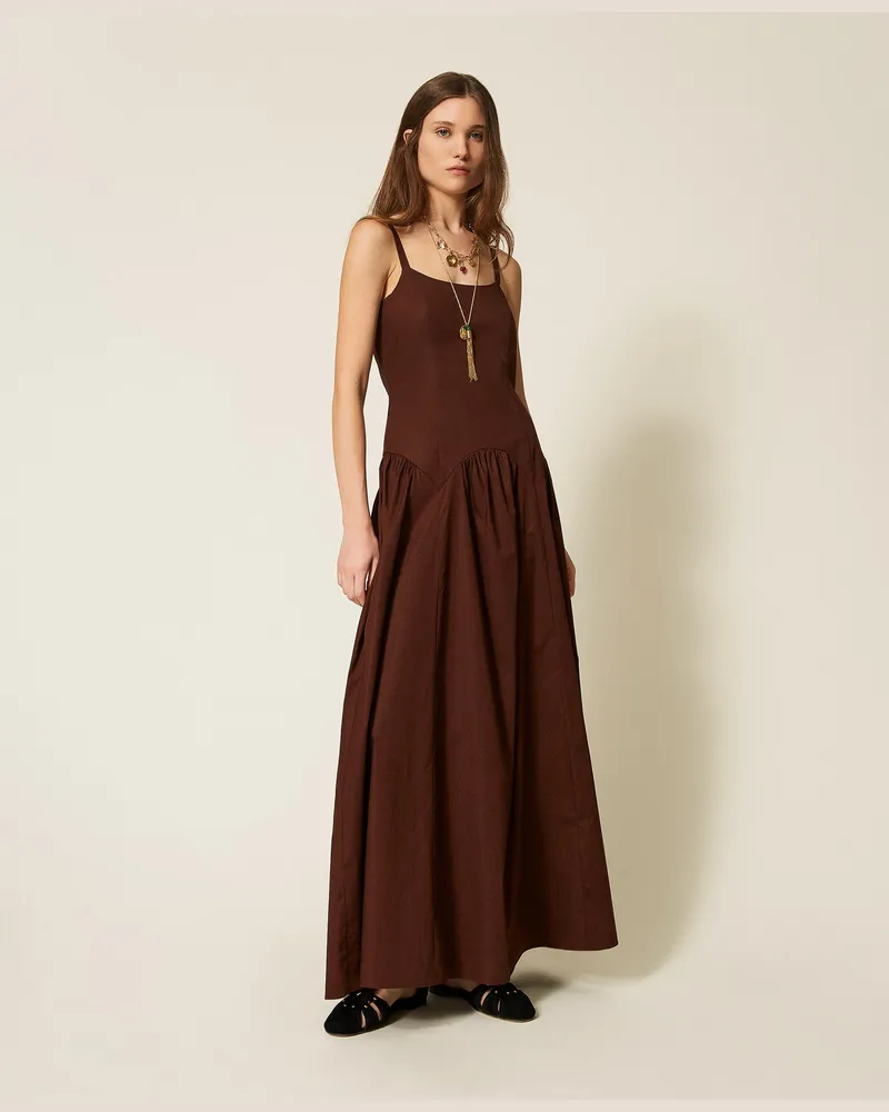 Twin-Set Langes Kleid aus Popeline mit Raffungen Coffee