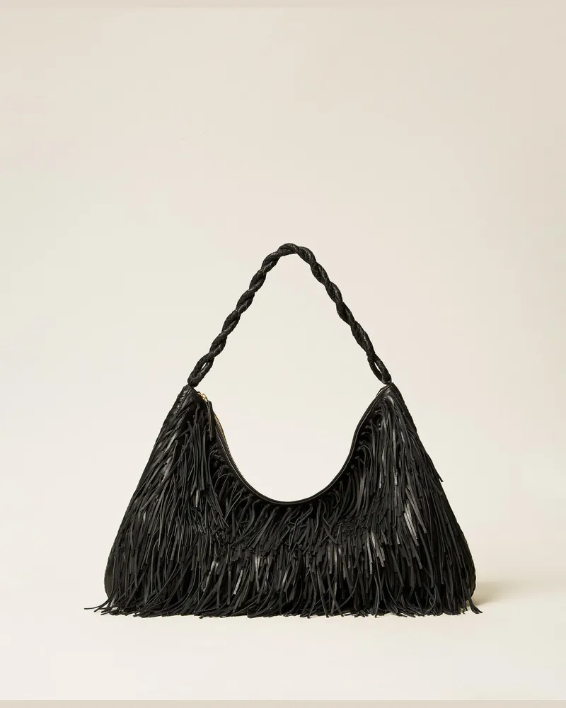 Twin-Set Taschen - Große Ledertasche „Liliane" mit Fransen, Schwarz, Einheitsgröße Schwarz