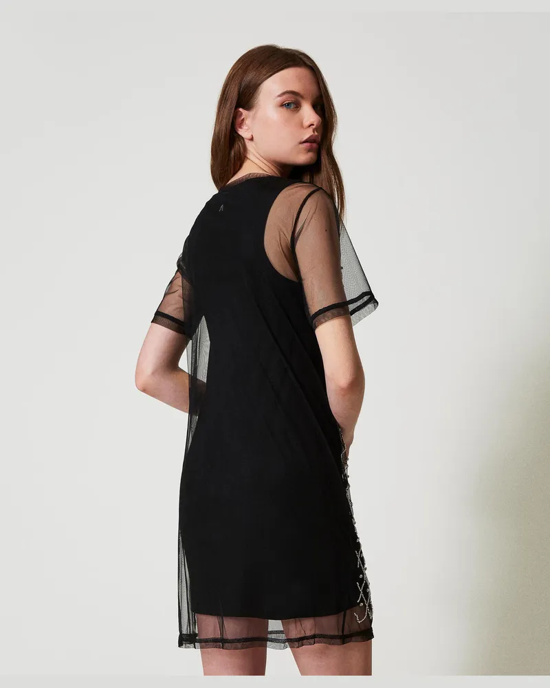 Actitude by Twinset Kleider - Kurzes Kleid aus besticktem Tüll, Schwarz, Größe Schwarz